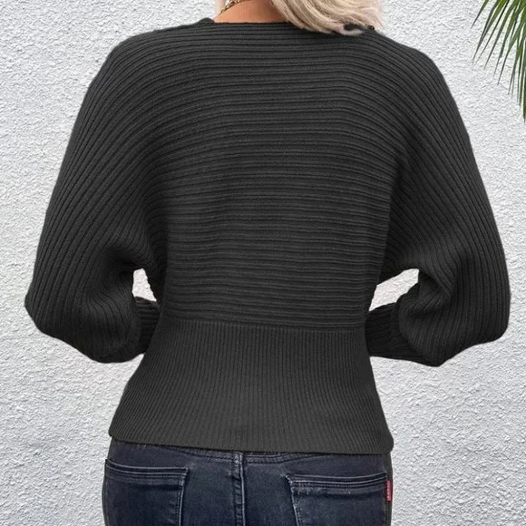 Black Sexy Womens Contrast Lace Cold Shoulder Dolman Sleeve Sweater - Picture 2 of 5